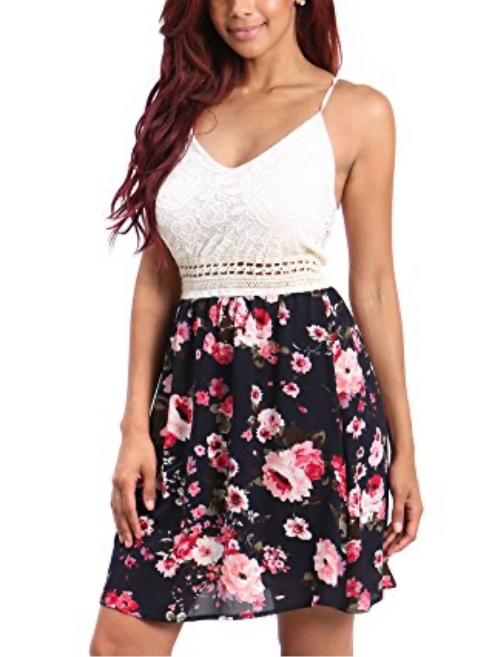 Floral Lace Bodice Spaghetti Strap Dress - White & Navy